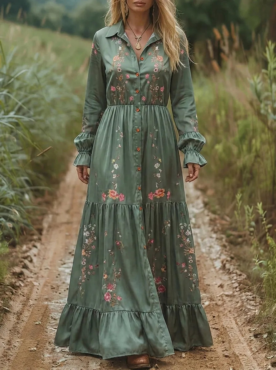 Bohemian Embroidered V-Neck Maxi Dress for Women