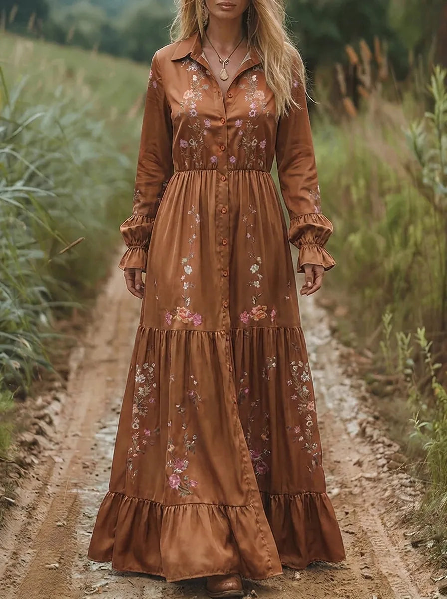 Bohemian Embroidered V-Neck Maxi Dress for Women