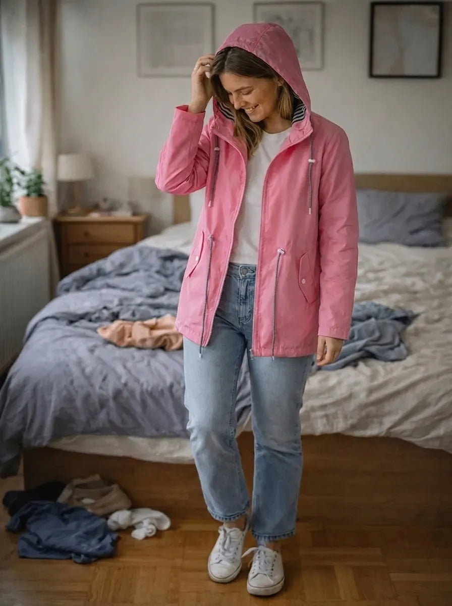 Women's Rain Jacket with Long Sleeves, Hood, and Pockets