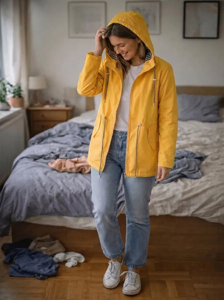 Women's Rain Jacket with Long Sleeves, Hood, and Pockets