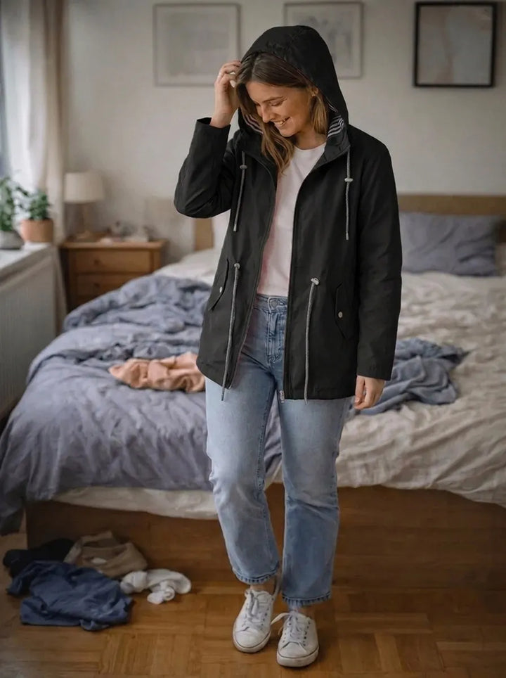 Women's Rain Jacket with Long Sleeves, Hood, and Pockets