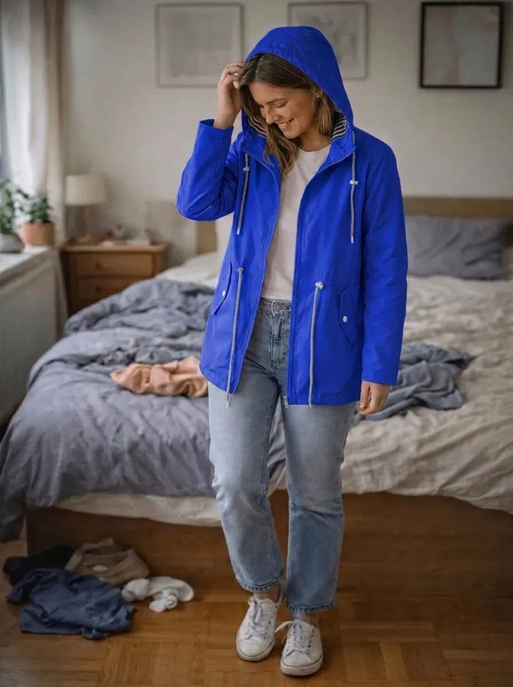 Women's Rain Jacket with Long Sleeves, Hood, and Pockets