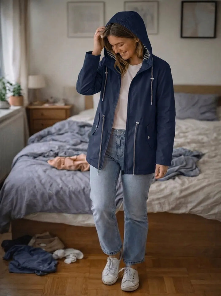 Women's Rain Jacket with Long Sleeves, Hood, and Pockets