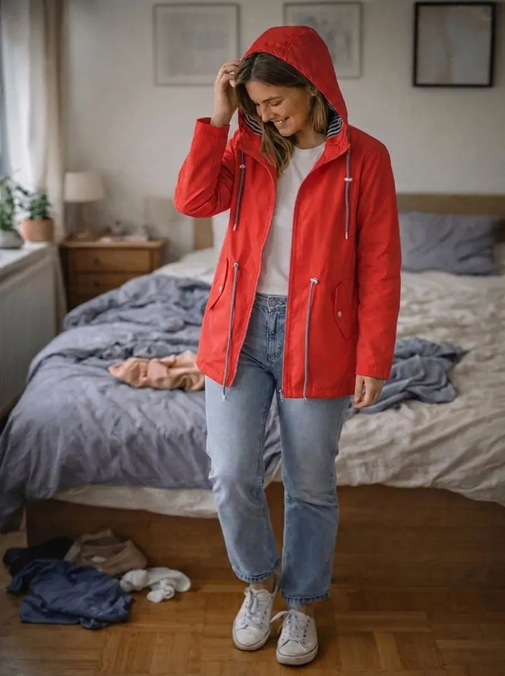 Women's Rain Jacket with Long Sleeves, Hood, and Pockets