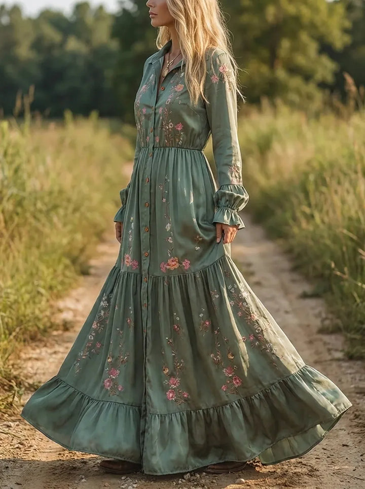 Bohemian Embroidered V-Neck Maxi Dress for Women