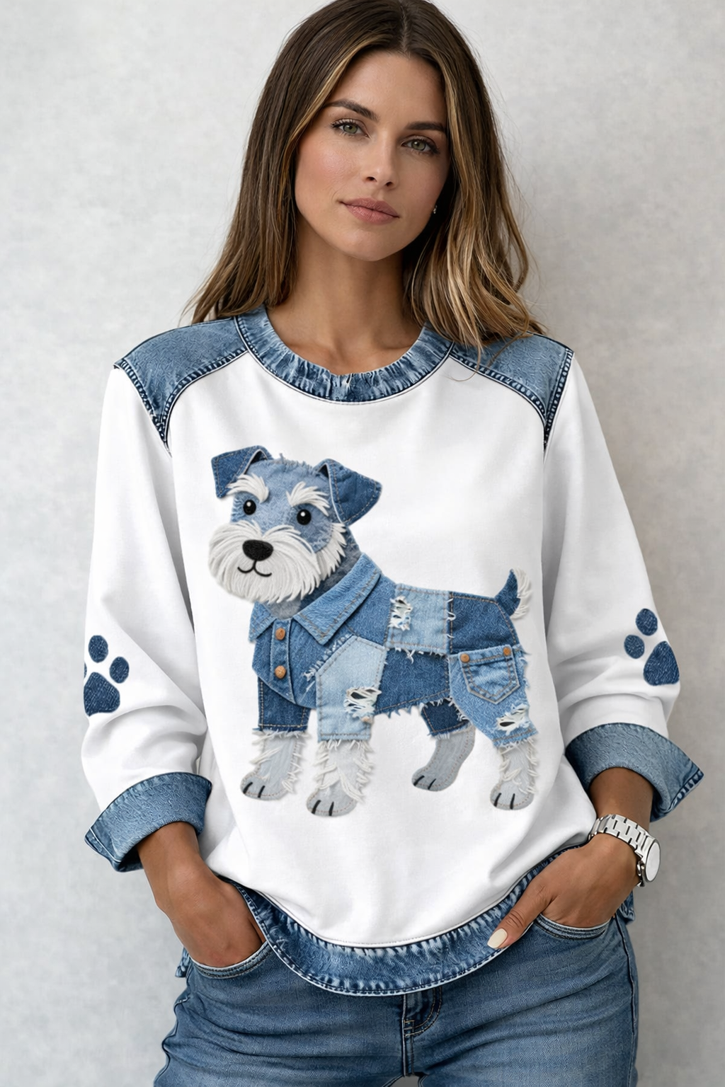 Dog Pattern Premium Sweater | Denim Dog Collection | Women's