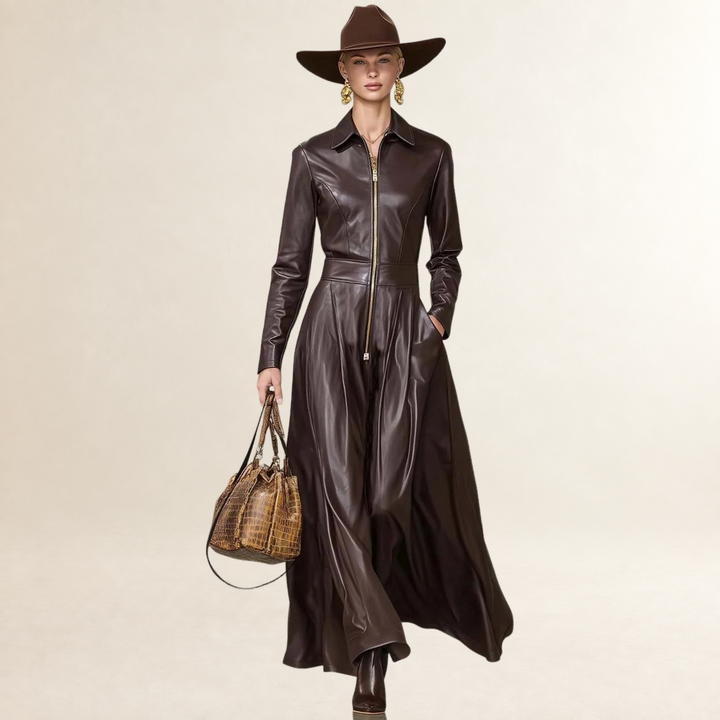 Women's Maxi Dress Long Sleeve Zipper A-Line Cut with Lapel Collar and Side Pockets - Elena Harper