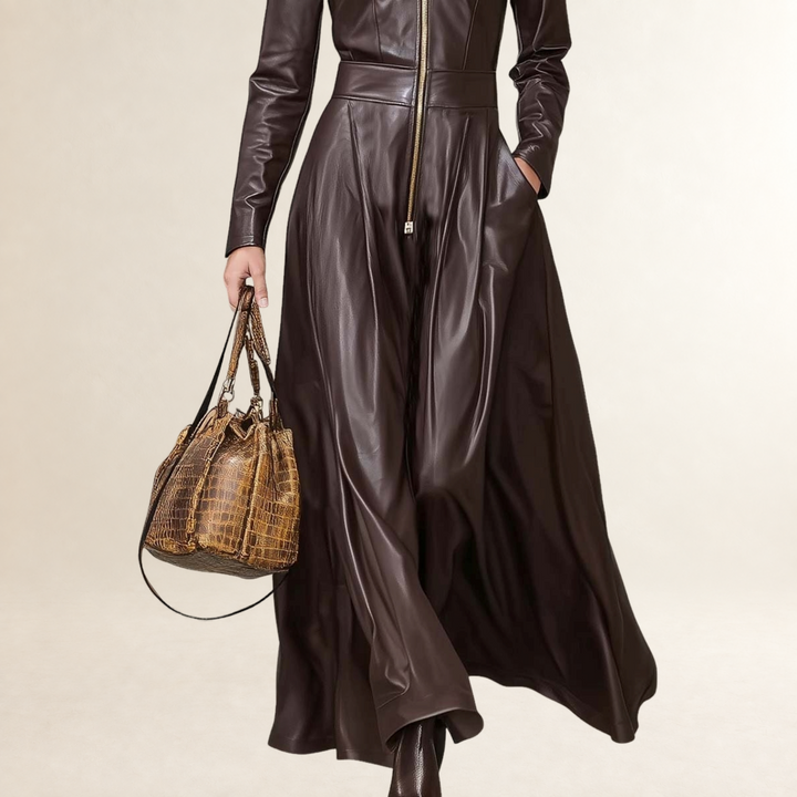 Women's Maxi Dress Long Sleeve Zipper A-Line Cut with Lapel Collar and Side Pockets, view 3 - Elena Harper