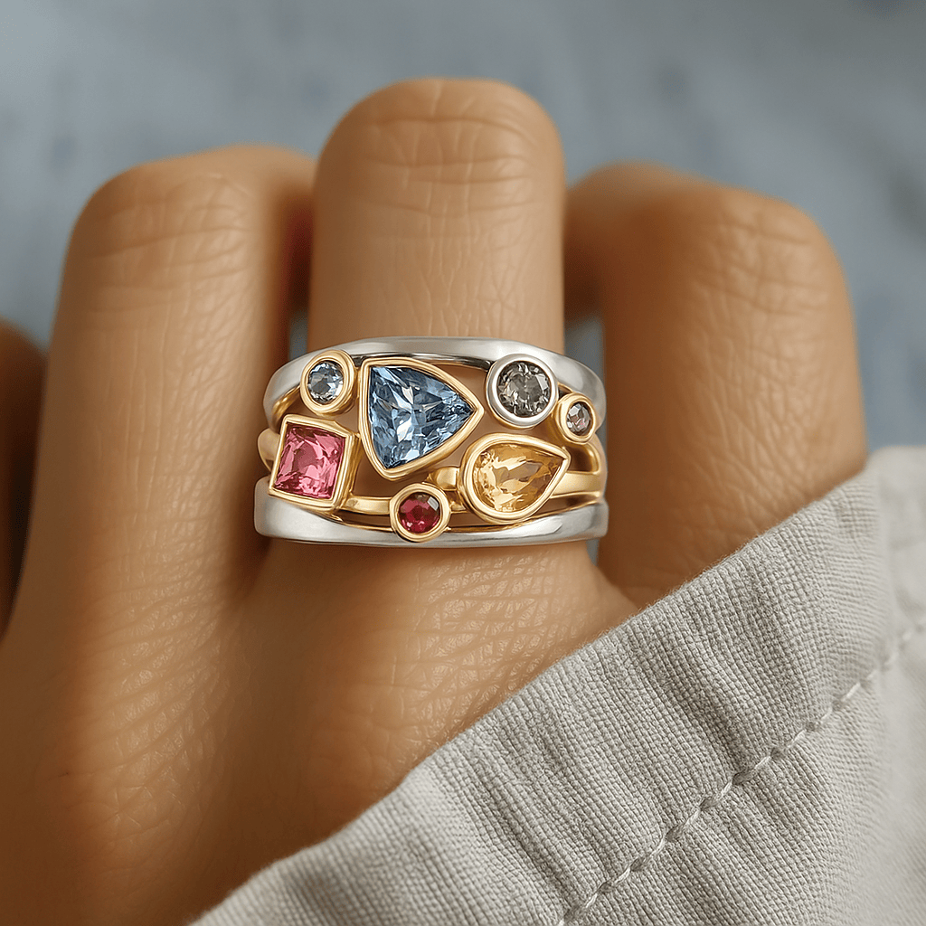 Colorful vintage Kyla™ ring by Emma & Rose Cape Town featuring vibrant, intricate designs on a gold-tone band.