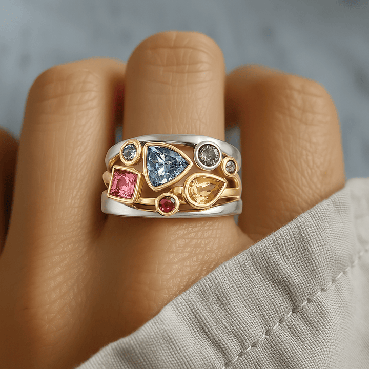 Colorful vintage Kyla™ ring by Emma & Rose Cape Town featuring vibrant, intricate designs on a gold-tone band.