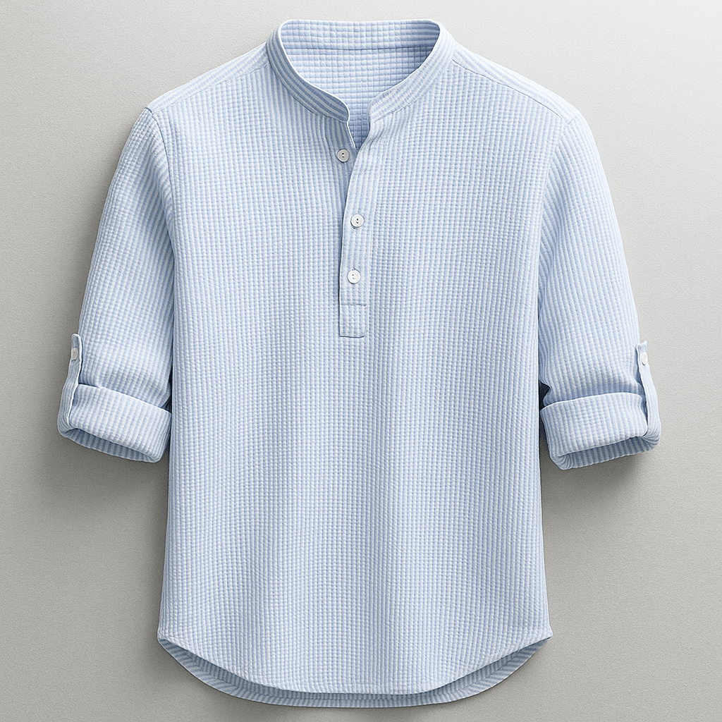 Karla™ Hudson Henley Top by Emma & Rose Cape Town, featuring a casual henley shirt with buttons and long sleeves, in a soft fabric.