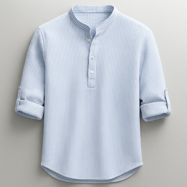 Karla™ Hudson Henley Top by Emma & Rose Cape Town, featuring a casual henley shirt with buttons and long sleeves, in a soft fabric.