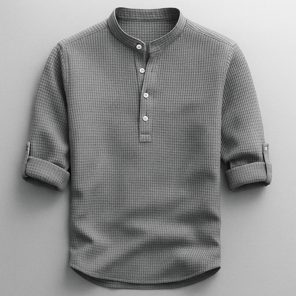 Karla™ Hudson Henley Top by Emma & Rose Cape Town, featuring a casual, long-sleeve henley shirt with buttons and a comfortable fit.