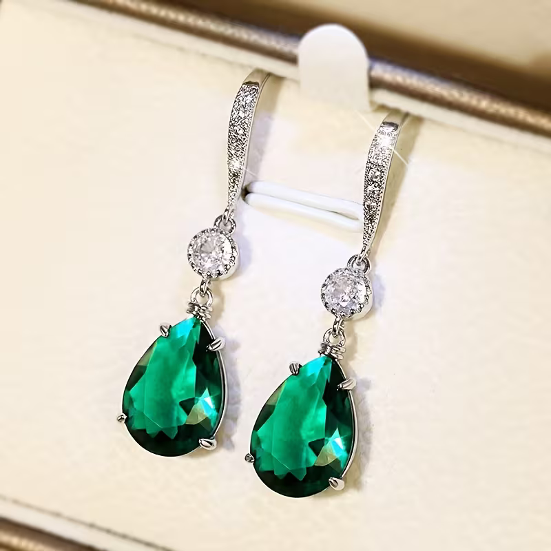 Emerald Drop-Shaped Earrings, view 2 - Elena Harper