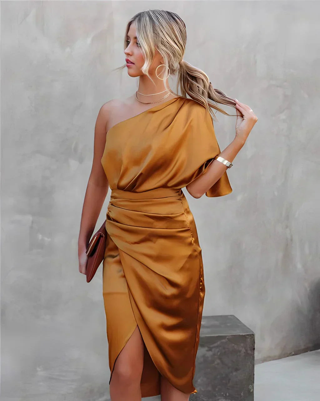 One Shoulder Draped Midi Split Dress