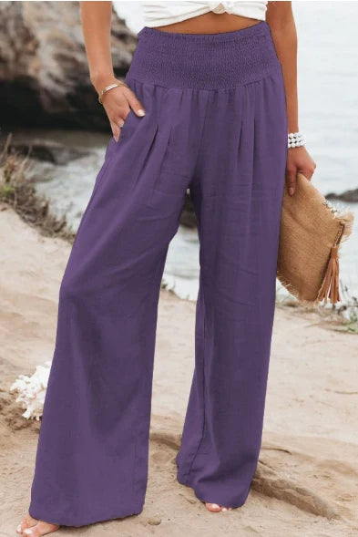 High-Waisted Wide-Leg Pants with Smocked Elastic Waist