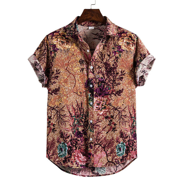 Aesthetic Short Sleeve Men's Shirt with Retro Print in Cotton