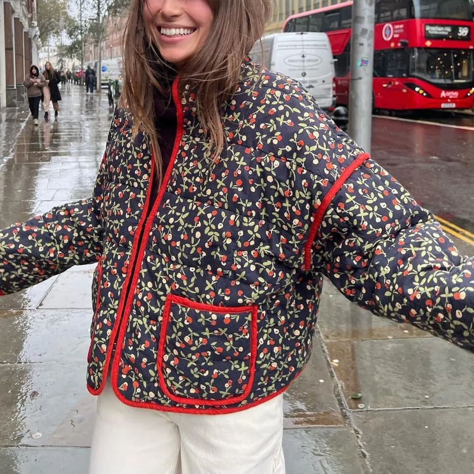 Flower Print Pocket Clip Cotton Drop Shoulder Jacket - Elena Harper