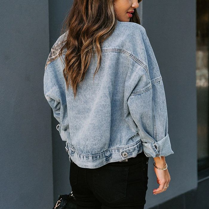 Patchwork Leopard Print Denim Jacket, view 7 - Elena Harper