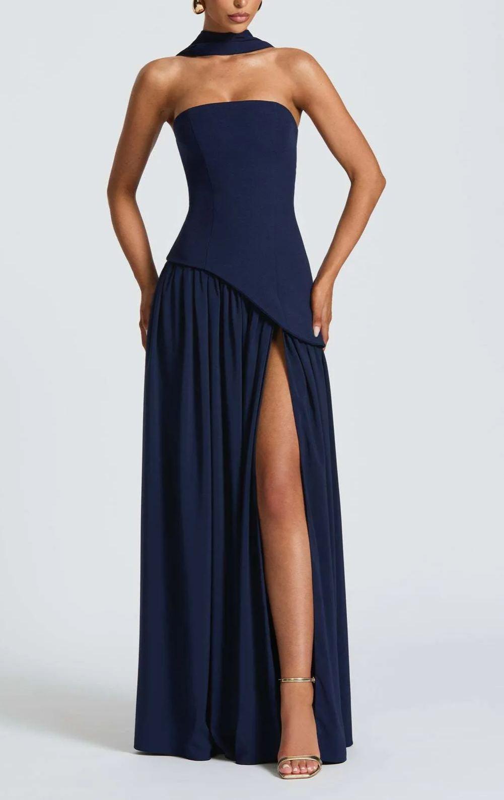 Amaris Stylish Maxi Dress with Slit and Bow Detail, view 4 - Elena Harper