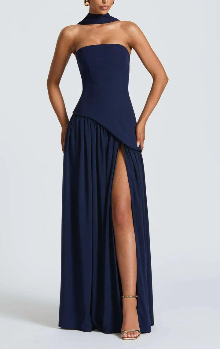 Amaris Stylish Maxi Dress with Slit and Bow Detail, view 4 - Elena Harper