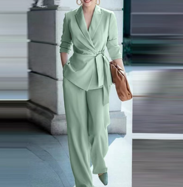 Women's Blazer Suit Set with Wide Leg Pants and Belt, view 5 - Elena Harper