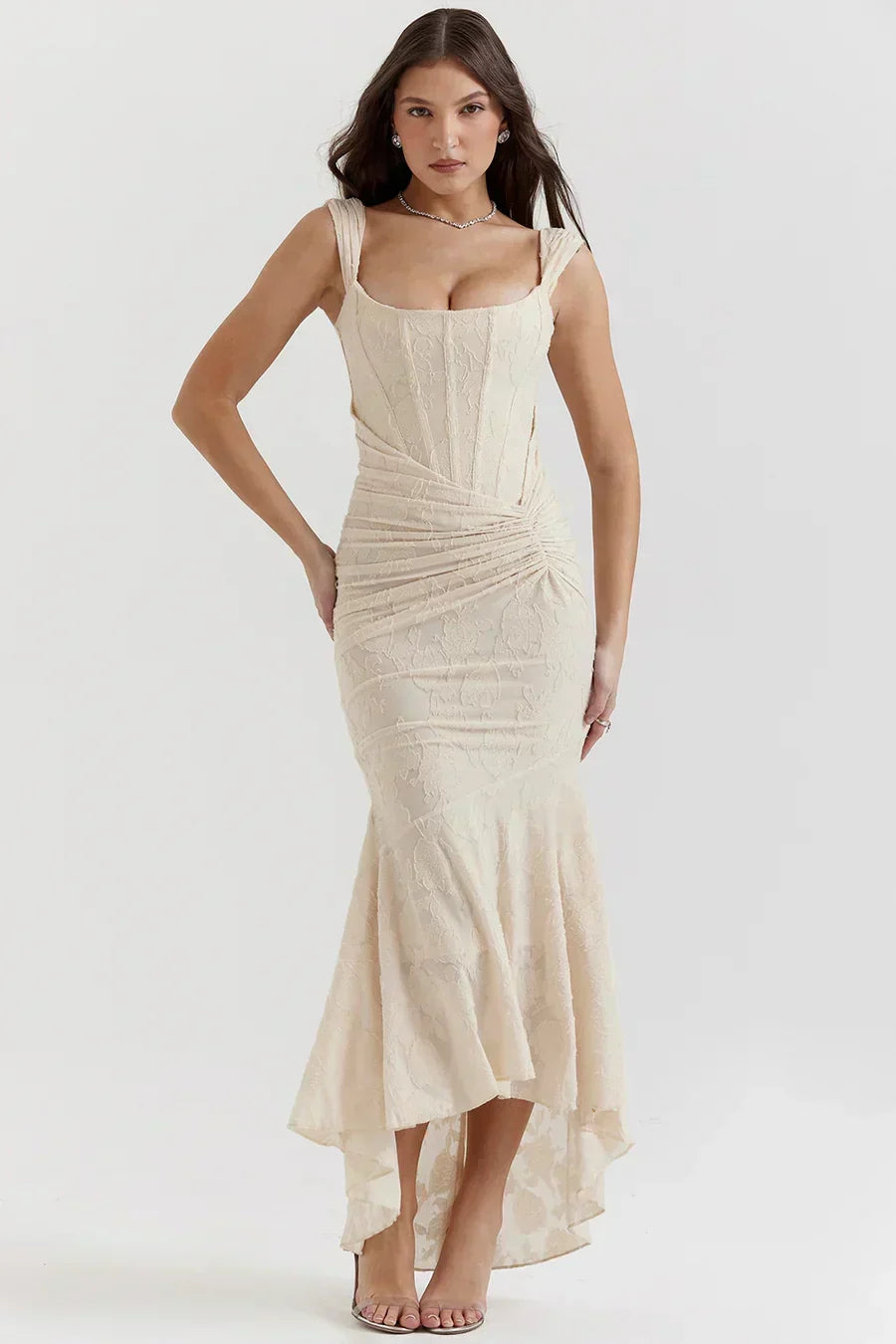 Long Evening Dress for Women with Corset Bodice and Off-Shoulder Design – Elegant Ceremony
