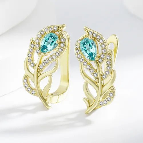 Bohemian Gold Design Turquoise Leaf Earrings - Elena Harper