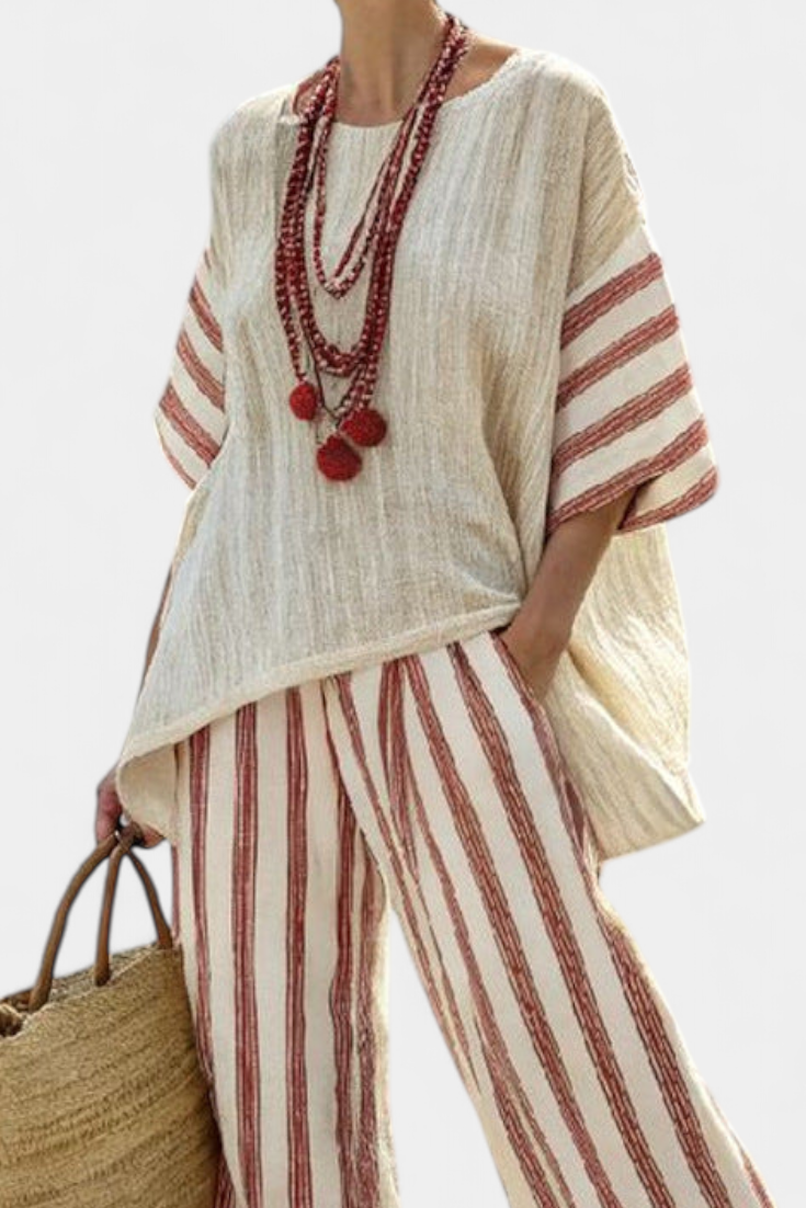 Braelith Elegant Rustic Striped Top & Cream Linen Pants, view 2 - Elena Harper