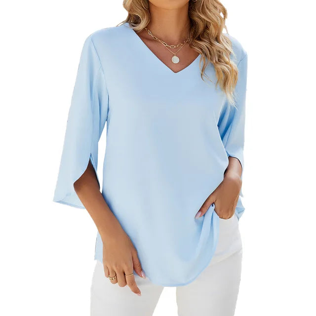 Elegant Women's Blouse with V-Neck and Three-Quarter Sleeves – Lightweight Comfortable Unique Top for Everyday or Office Wear