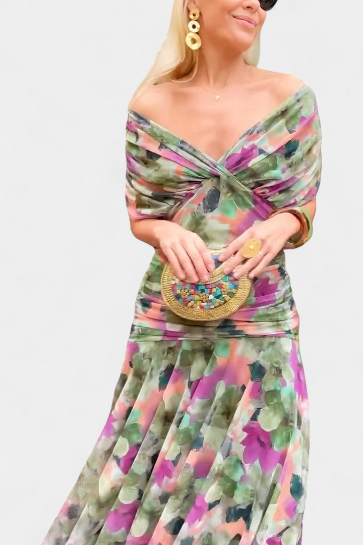 Florendra Long floral dress with V-neck, view 4 - Elena Harper