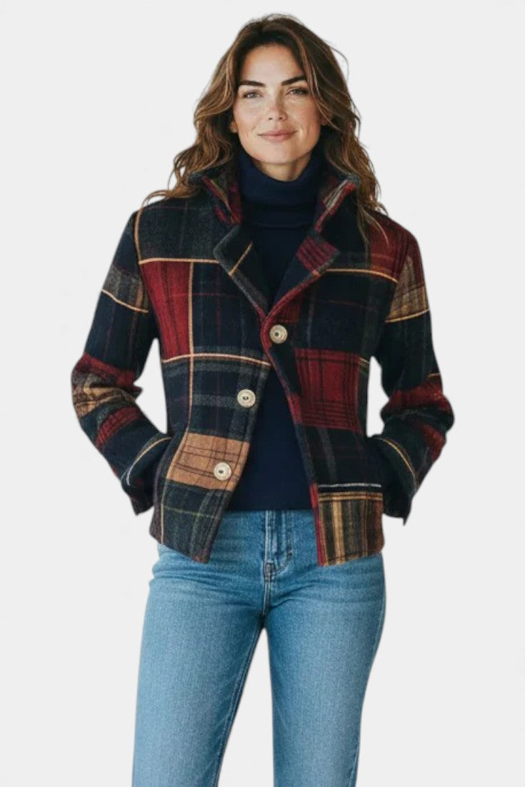 Bridget Women's Check Cropped Jacket in Deep Red Finish - Elena Harper