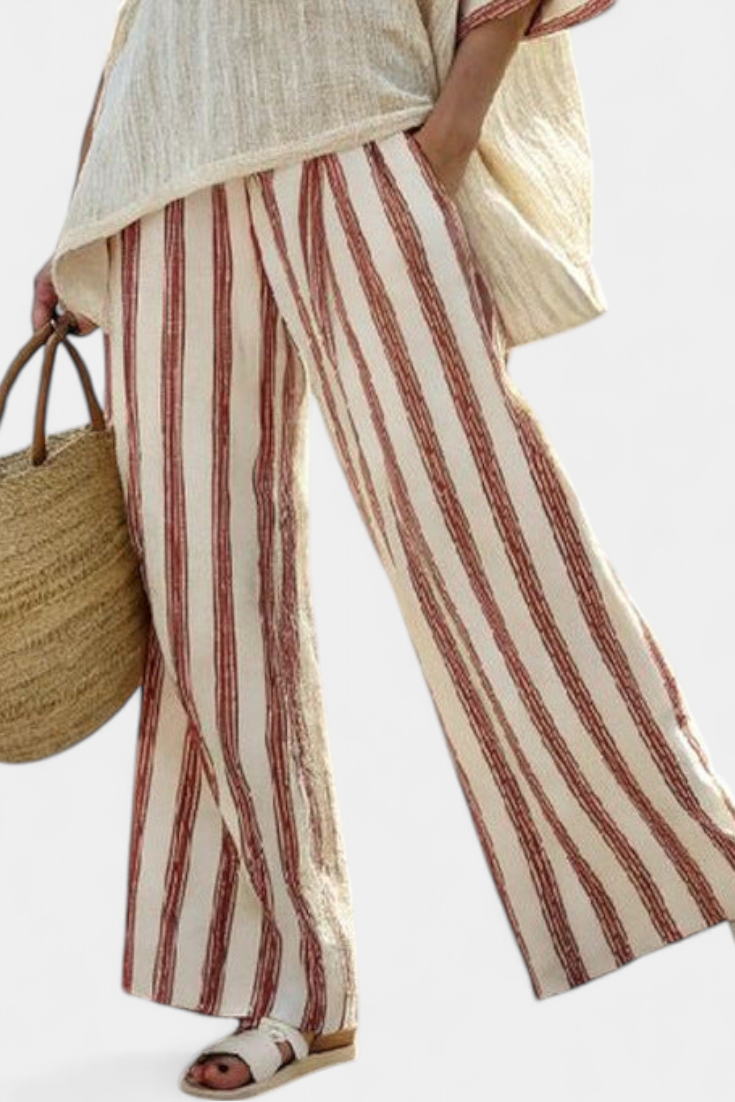 Braelith Elegant Rustic Striped Top & Cream Linen Pants, view 3 - Elena Harper