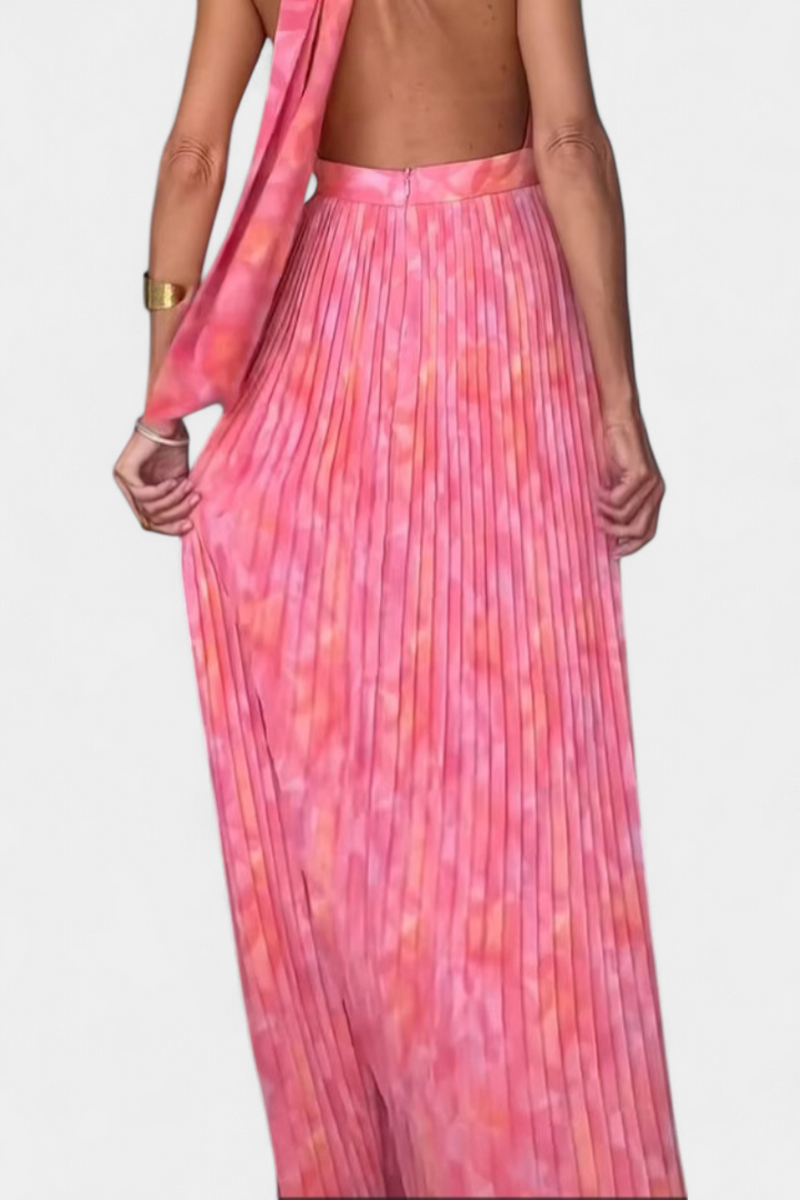 Prisca Maxi Pleated Dress with Open Back and Halter Neck, view 6 - Elena Harper