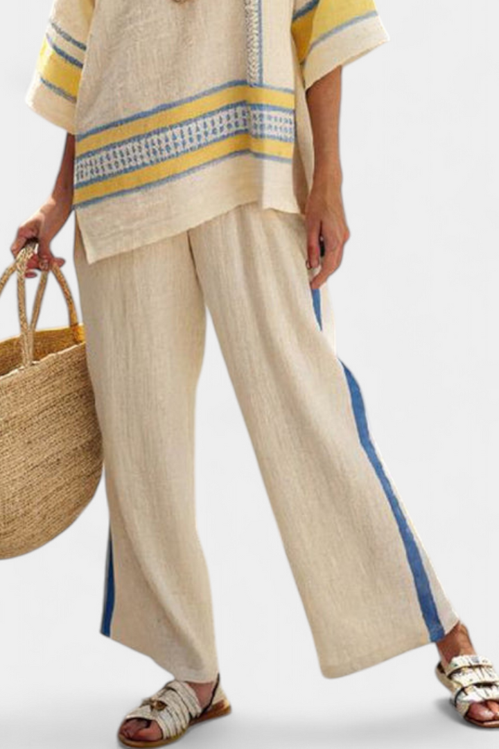 Jaxmere | Comfortable Blue-Yellow Mediterranean Top & Linen Pants