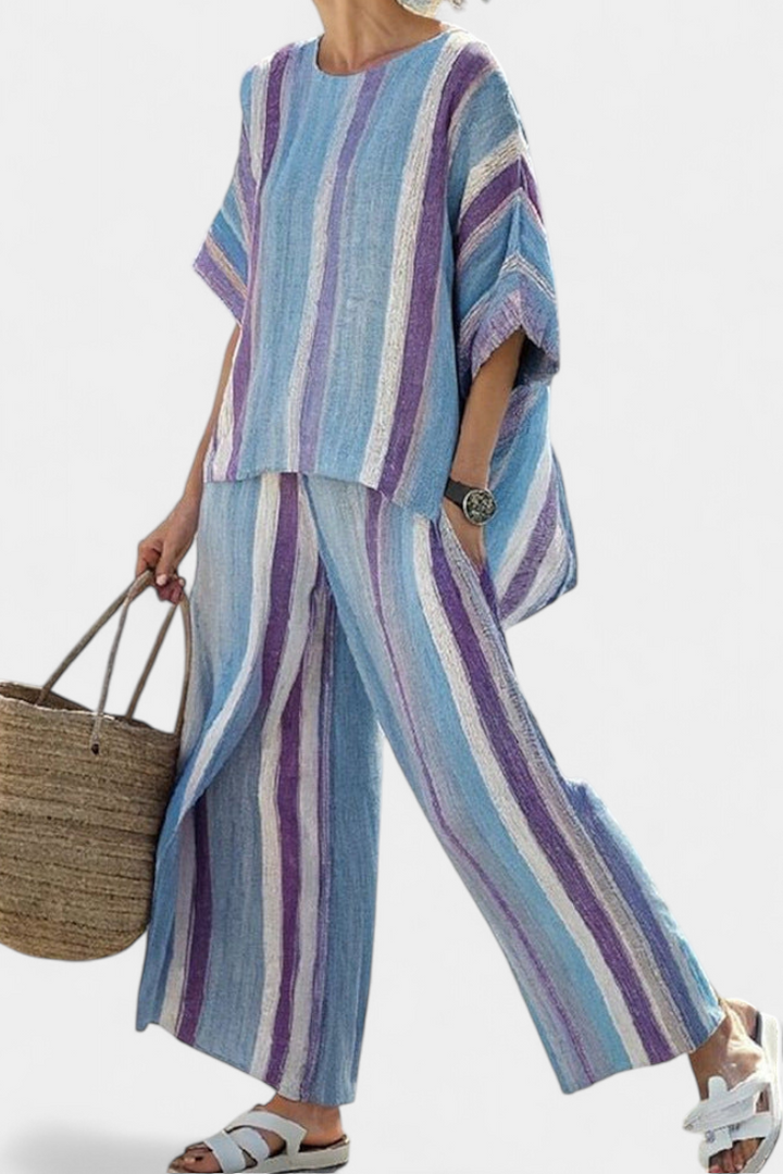 Faelith | Elegant Mauve Pastel Top & Striped Linen Pants