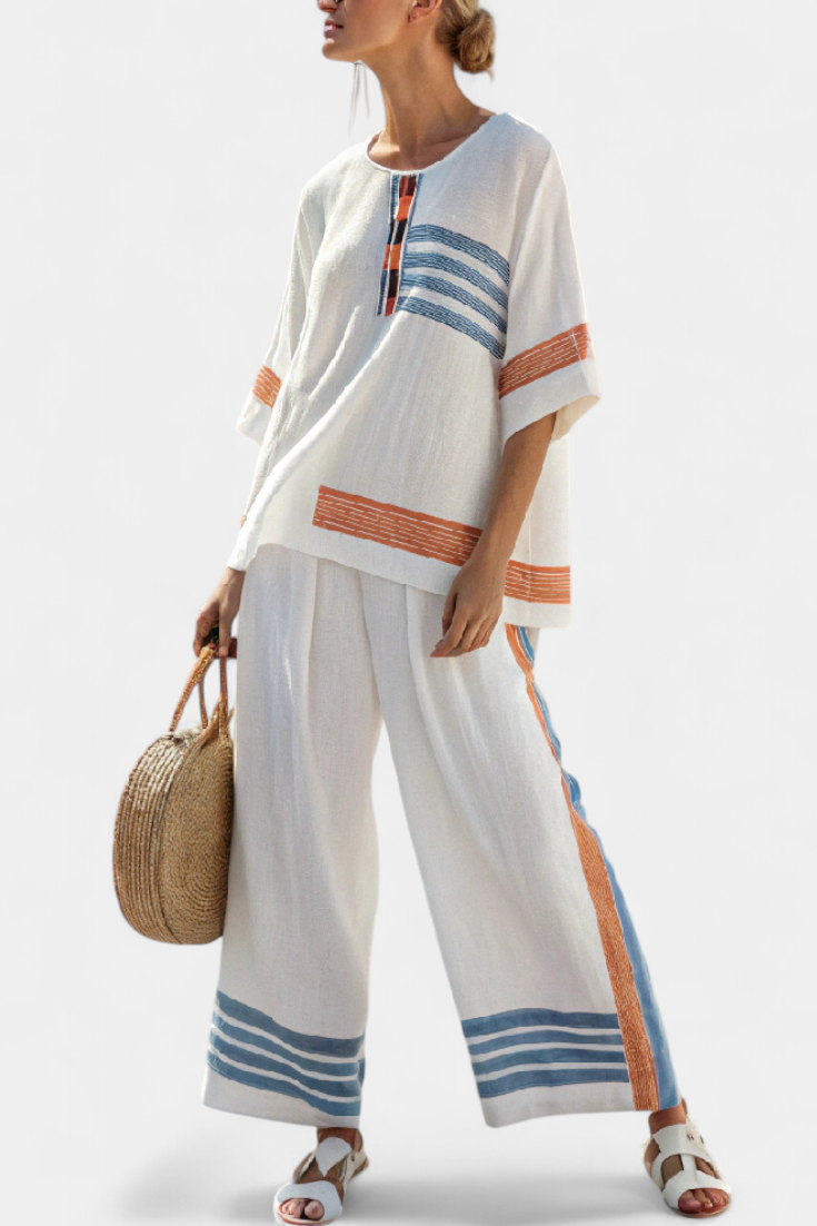 Marcellin | Sophisticated Blue-Orange Striped Top & Pants