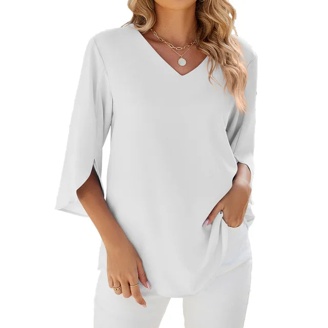 Elegant Women's Blouse with V-Neck and Three-Quarter Sleeves – Lightweight Comfortable Unique Top for Everyday or Office Wear