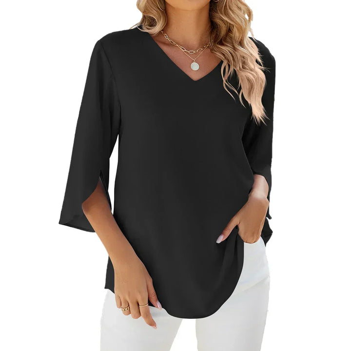 Elegant Women's Blouse with V-Neck and Three-Quarter Sleeves – Lightweight Comfortable Unique Top for Everyday or Office Wear