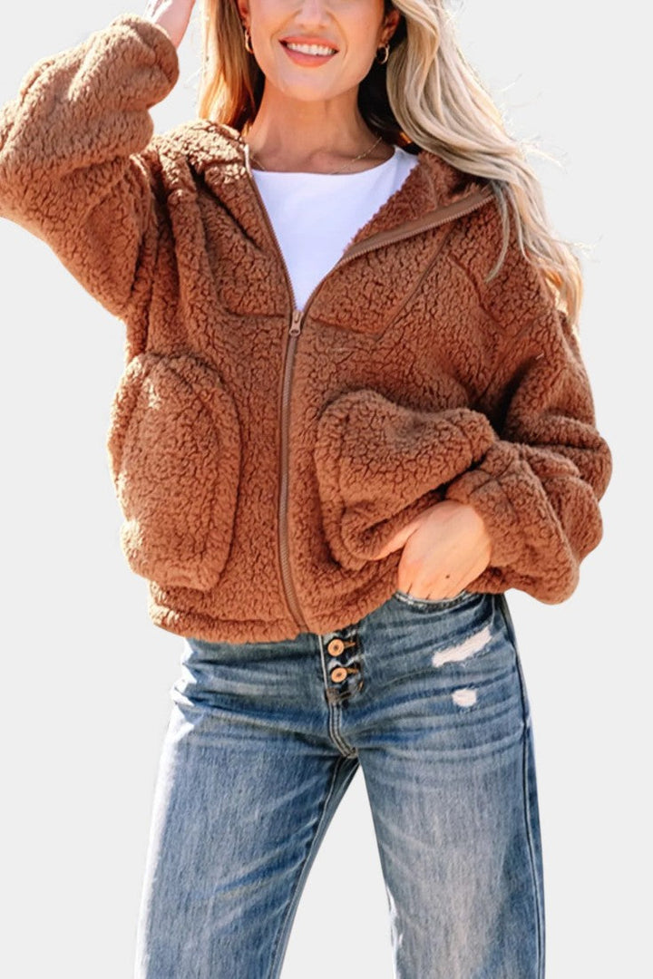 Women's Teddy Jacket with Hood, Zipper, Relaxed Fit, and Pockets, view 3 - Elena Harper