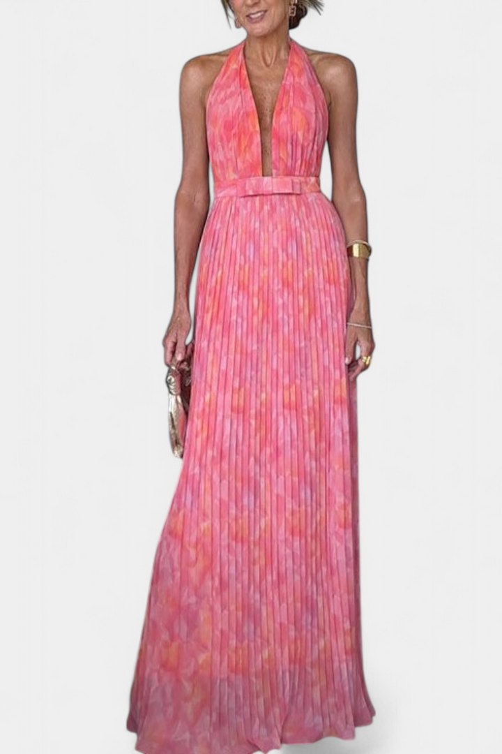 Prisca Maxi Pleated Dress with Open Back and Halter Neck, view 7 - Elena Harper