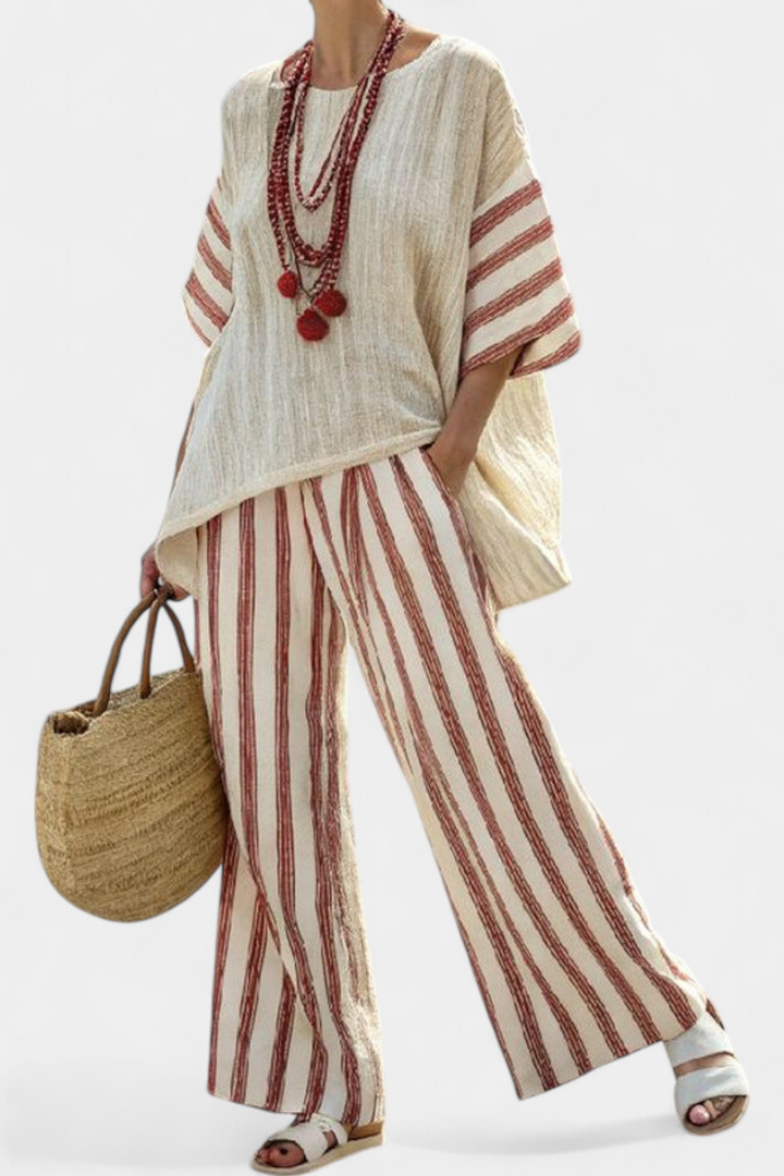 Braelith Elegant Rustic Striped Top & Cream Linen Pants - Elena Harper