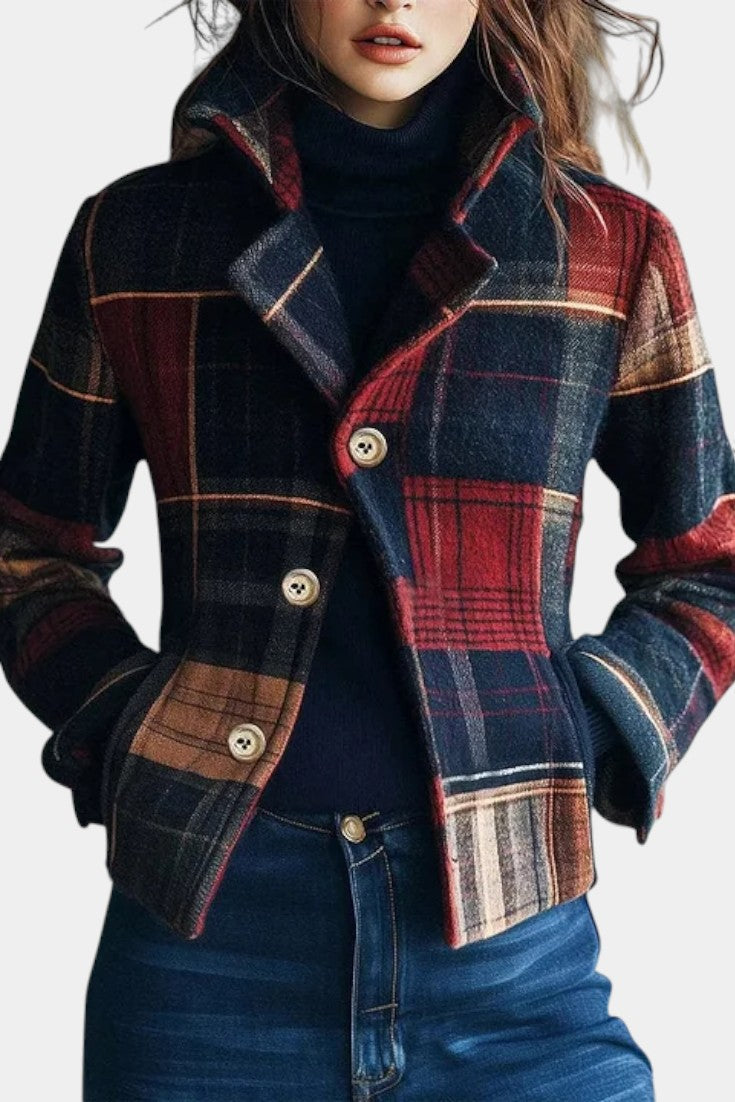 Bridget Women's Check Cropped Jacket in Deep Red Finish - Elena Harper
