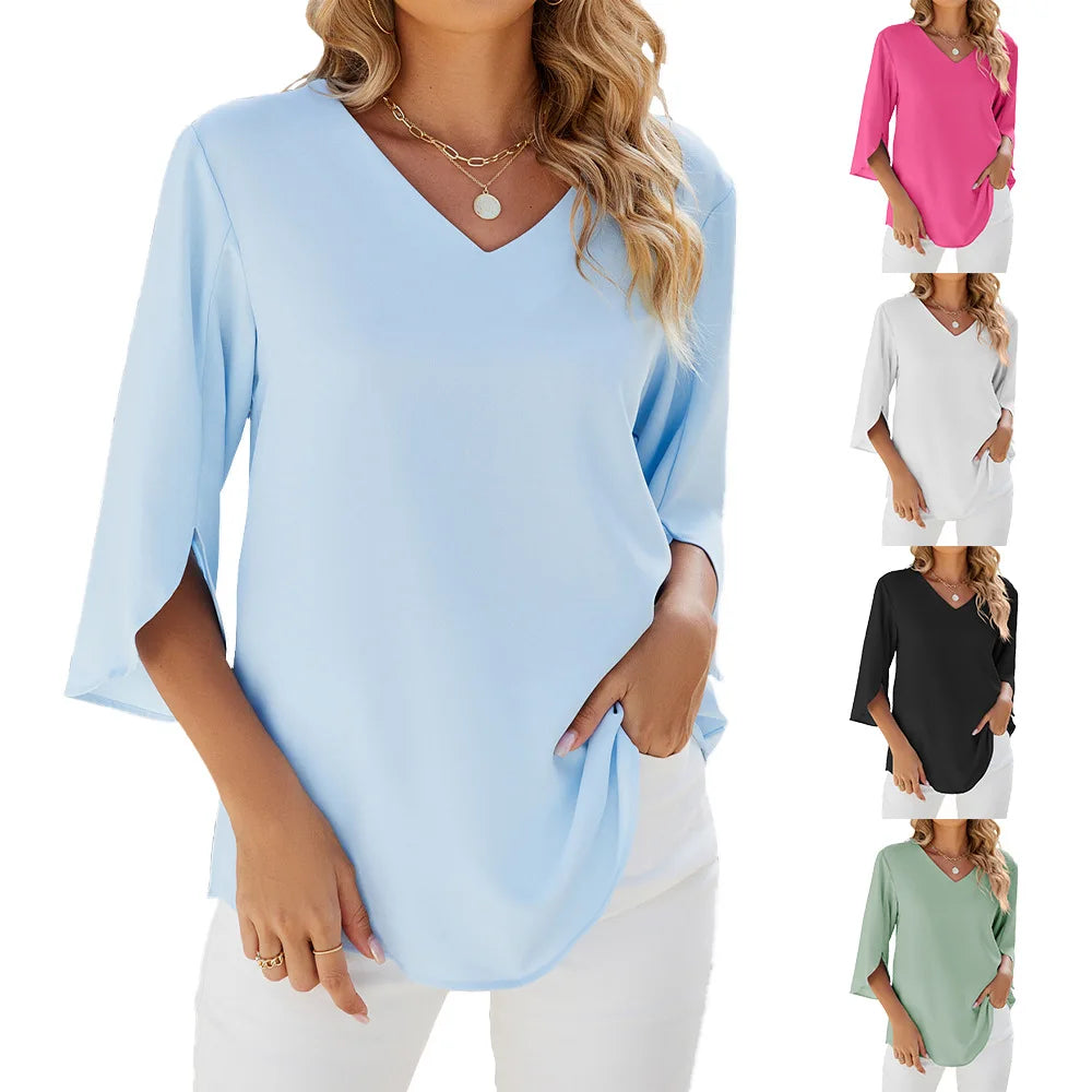 Elegant Women's Blouse with V-Neck and Three-Quarter Sleeves – Lightweight Comfortable Unique Top for Everyday or Office Wear