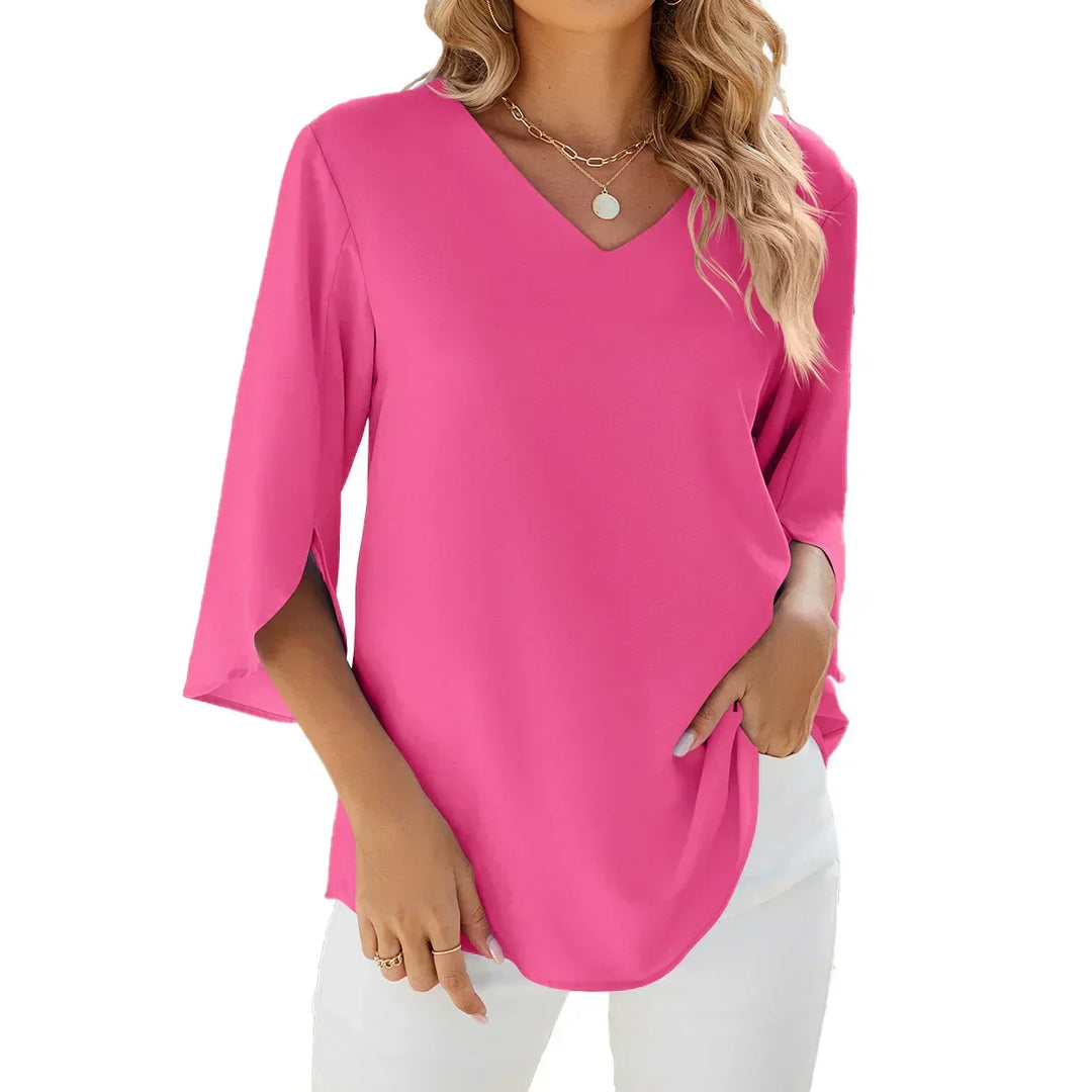 Elegant Women's Blouse with V-Neck and Three-Quarter Sleeves – Lightweight Comfortable Unique Top for Everyday or Office Wear