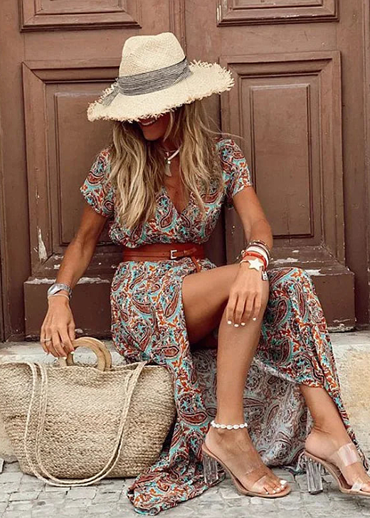 Davina | Ladies Printed V-Neck Split Maxi Dress