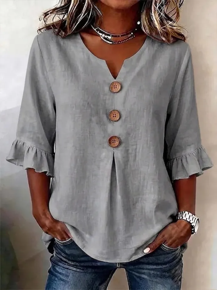 Women's Button-Up V-Neck Blouse with Three-Quarter Sleeves, Fluid Fit