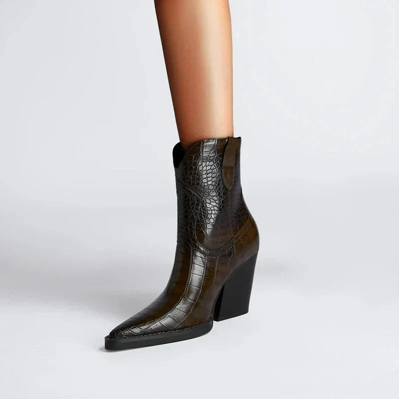 Ladies' Western Ankle Boots Croco-Print with Wedge Heel