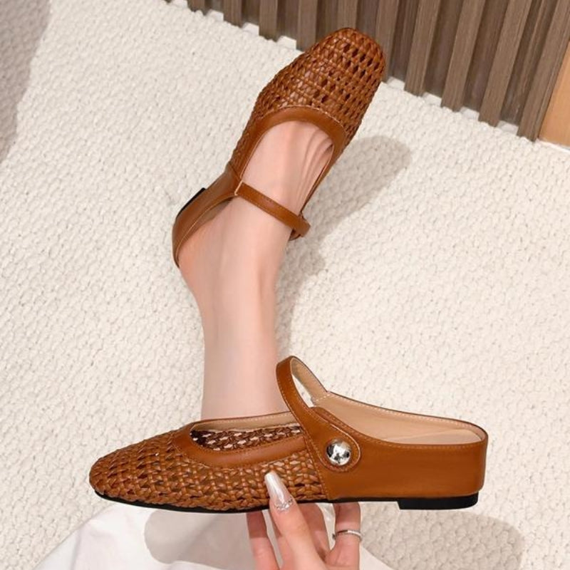 Ladies Mary Jane Mules Woven Metallic with Ankle Strap