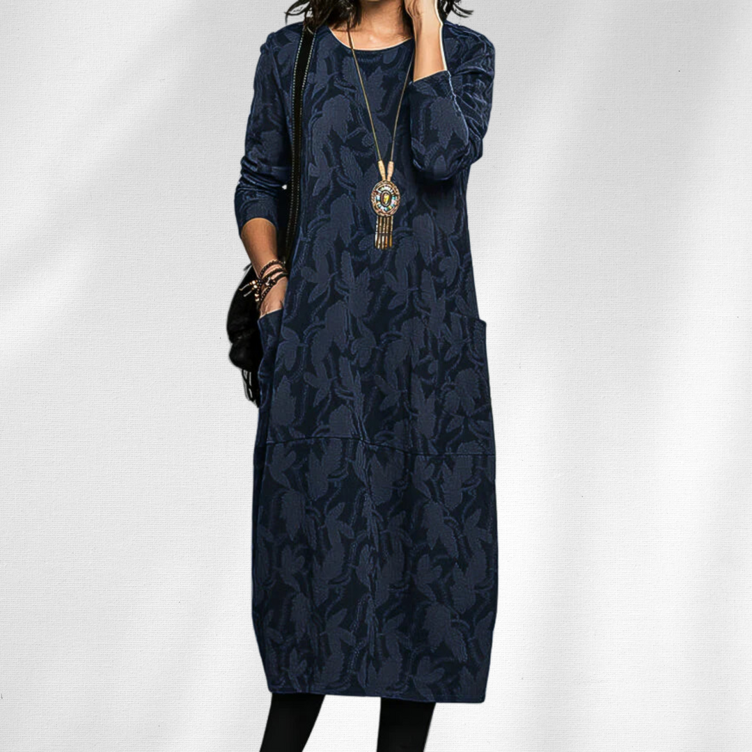 Women's Knitted Midi Dress with Pockets and Long Sleeves